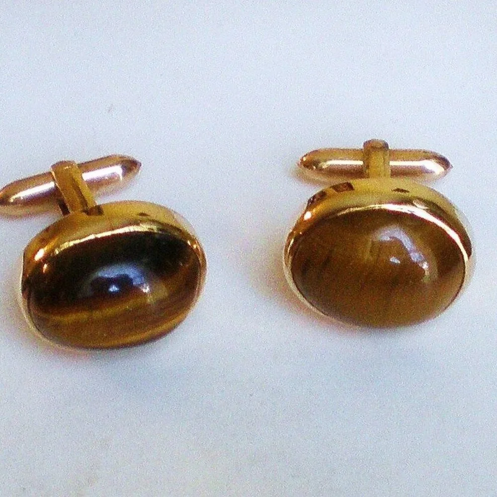 Vintage Solid 10K Yellow Gold Tiger Eye Men's Men Cufflinks Original Box 18.7 g.